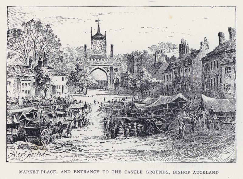 Piazza del Mercato e Ingresso ai Giardini del Castello, Bishop Auckland (incisione) da William Alexander Ansted