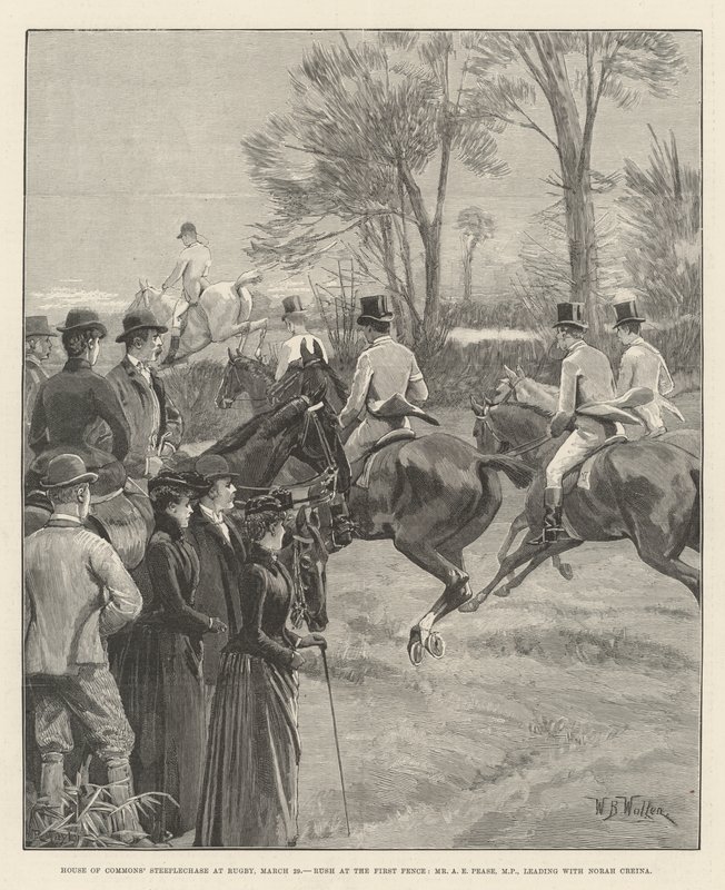 Steeplechase della Camera dei Comuni a Rugby, 29 marzo, corsa al primo ostacolo, Mr A E Pease, MP, in testa con Norah Creina da William Barnes Wollen