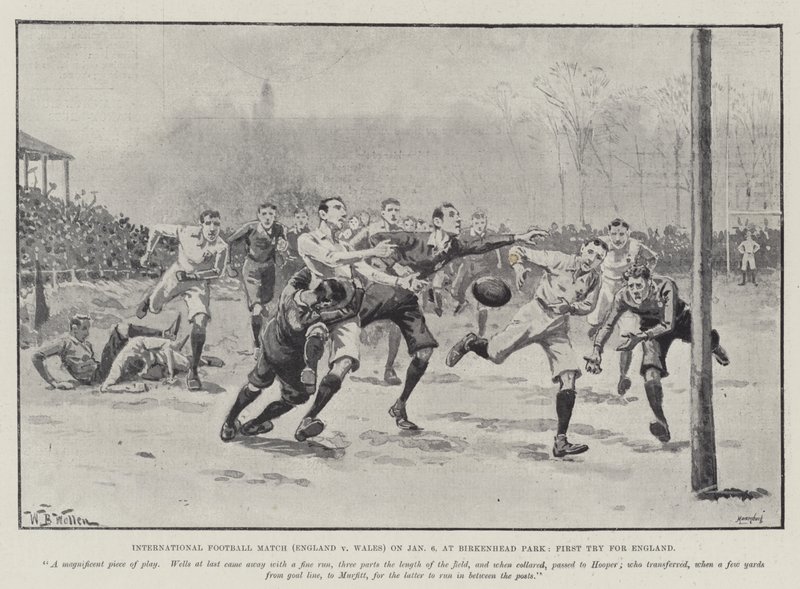 Partita internazionale di calcio (Inghilterra vs Galles) il 6 gennaio, a Birkenhead Park, primo tentativo per l