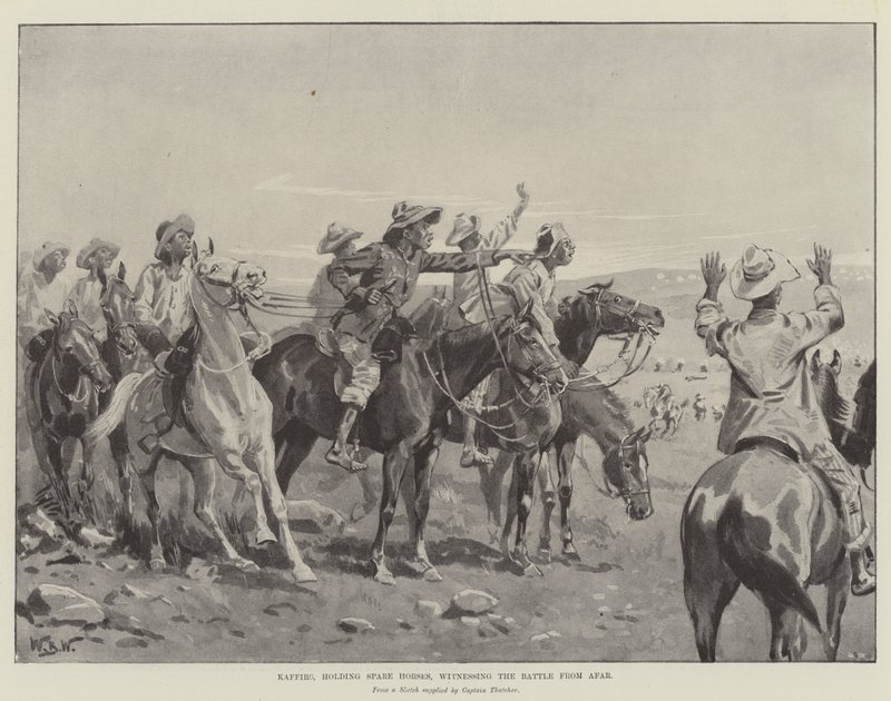 Kaffir che tengono cavalli di riserva, assistendo alla battaglia da lontano da William Barnes Wollen