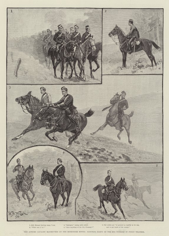 Le manovre di cavalleria autunnali sui Berkshire Downs, pattuglia di ricognizione del 20° Ussari in tempo nebbioso da William Barnes Wollen