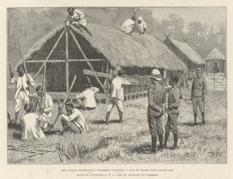 La spedizione Lushai, i Goorkhas costruiscono una capanna per conservare il loro kit di ricambio da William Barnes Wollen