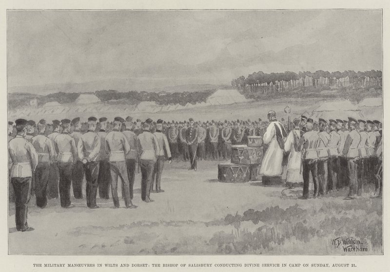 Le manovre militari nel Wiltshire e nel Dorset, il vescovo di Salisbury che conduce il servizio divino nel campo domenica 21 agosto da William Barnes Wollen