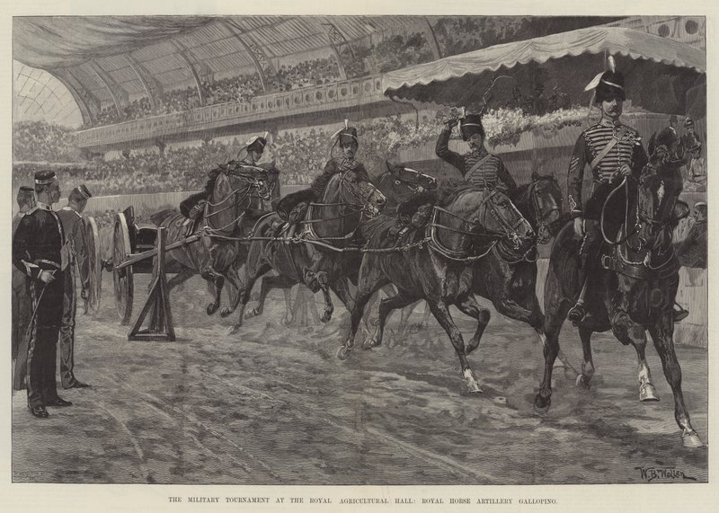 Il torneo militare alla Royal Agricultural Hall, artiglieria a cavallo reale al galoppo da William Barnes Wollen
