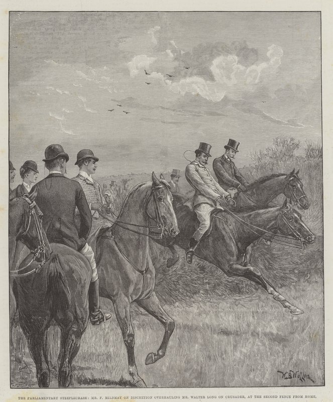 La corsa a ostacoli parlamentare, Mr F Mildmay su Discretion che supera Mr Walter Long su Crusader, alla seconda recinzione da casa da William Barnes Wollen