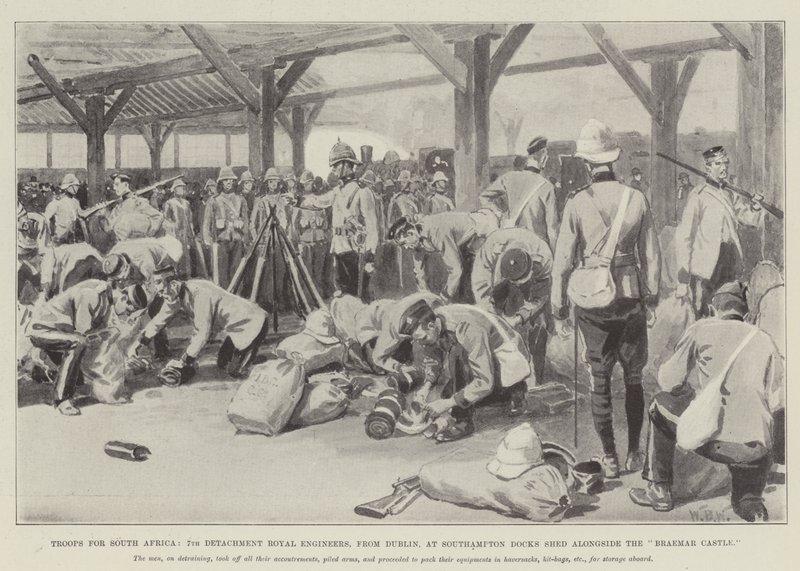 Truppe per il Sudafrica, 7º Distaccamento Ingegneri Reali, da Dublino, ai Docks di Southampton accanto al Castello di Braemar da William Barnes Wollen