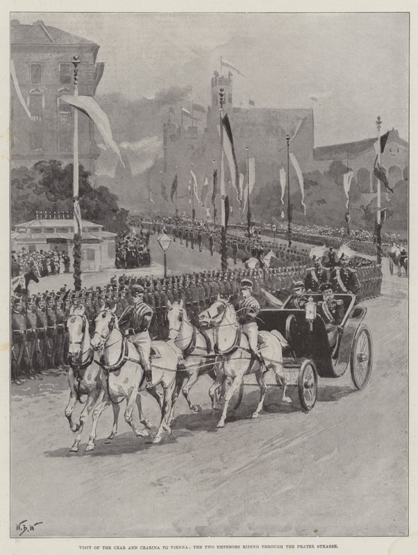 Visita dello Zar e della Zarina a Vienna, i due imperatori che cavalcano attraverso la Prater Strasse da William Barnes Wollen