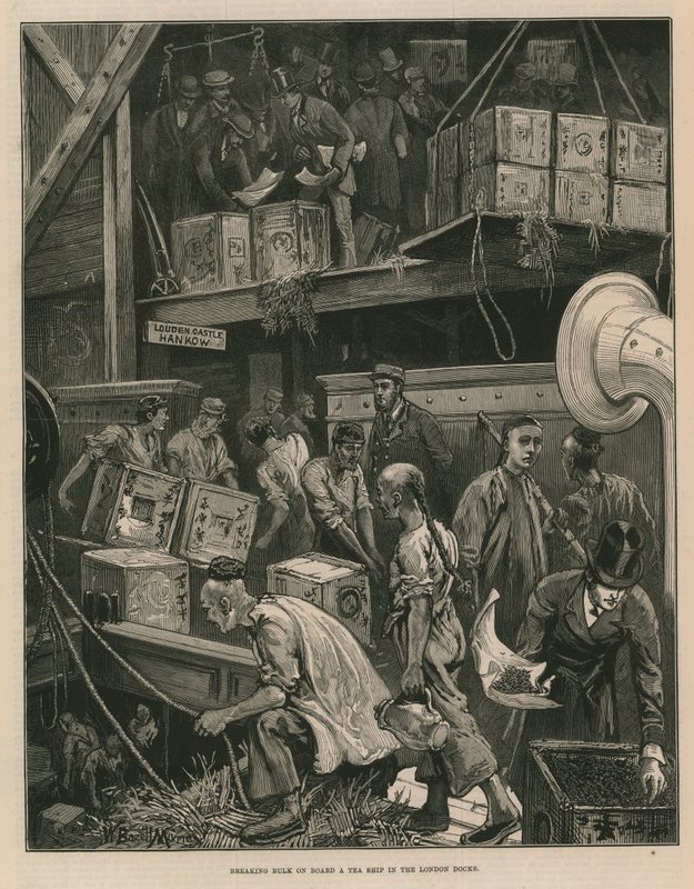 Scarico delle merci a bordo di una nave da tè nei moli di Londra da William Bazett Murray