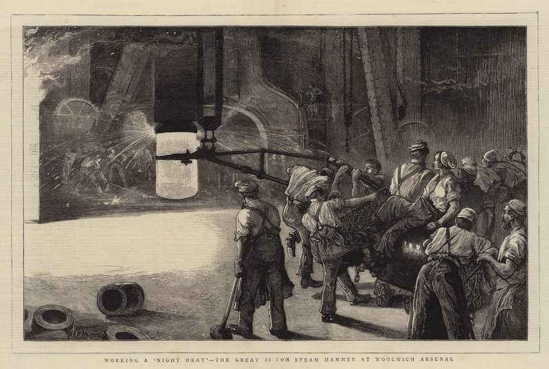 Lavorare un Calore Notturno, il Grande Martello a Vapore da 35 Ton a Woolwich Arsenal da William Bazett Murray