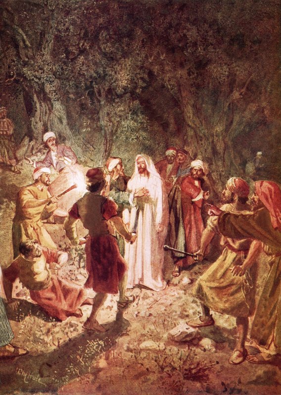 Giuda tradisce Gesù con un bacio, nel giardino del Getsemani da William Brassey Hole