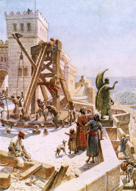 Uzzia erige macchine da guerra sulle mura di Gerusalemme da William Brassey Hole