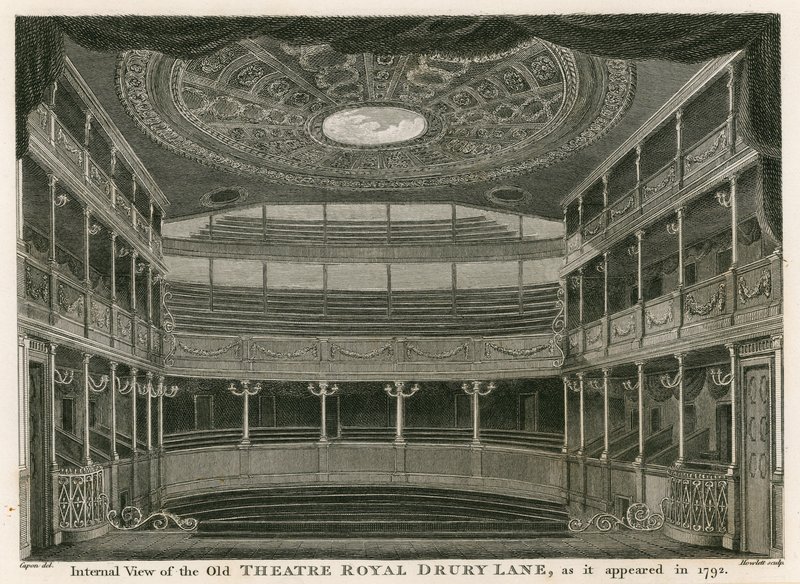 Vista interna del vecchio Theatre Royal, Drury Lane, Londra, come appariva nel 1792 da William Capon