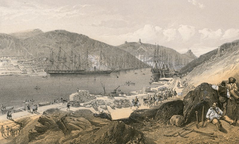 Balaklava che mostra lo stato dei moli e delle navi, maggio 1855 da William Crimea Simpson