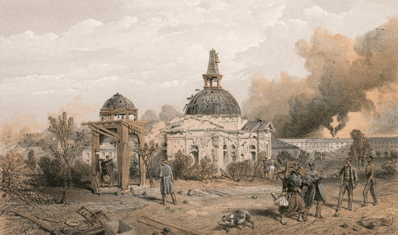 Chiesa sul retro del Redan, vista a nord, mostrando gli effetti dei colpi e delle granate da William Crimea Simpson