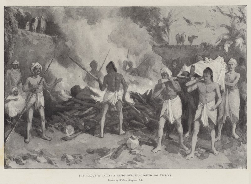 La peste in India, un campo di cremazione indù per le vittime da William Crimea Simpson