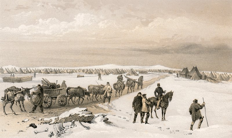 Il campo della 1ª Divisione, guardando a nord verso il campo della 2ª Divisione, le Alture di Inkermann in lontananza da William Crimea Simpson