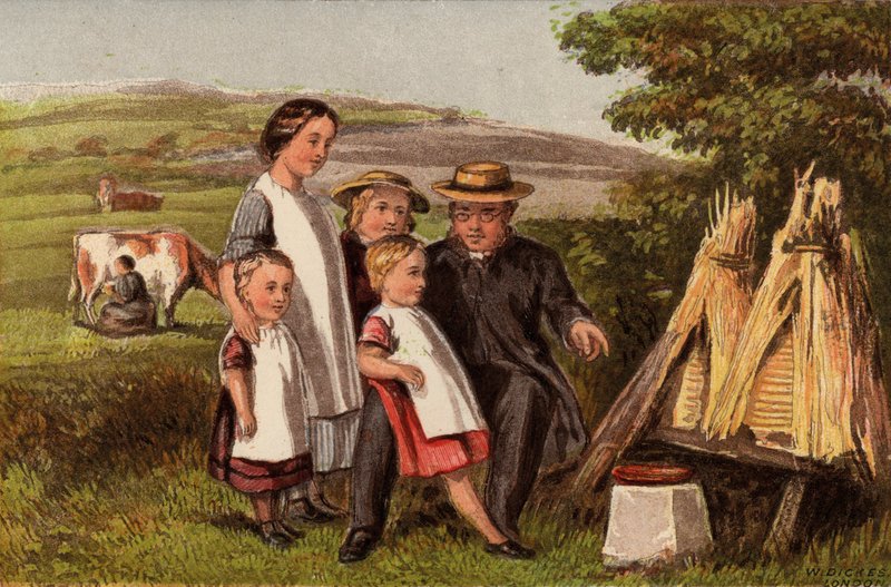 Industria: famiglia in campagna con alveari (cromolitografia) da William Dickes