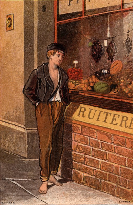 Tentazione: giovane povero che guarda una vetrina di frutti tropicali da William Dickes