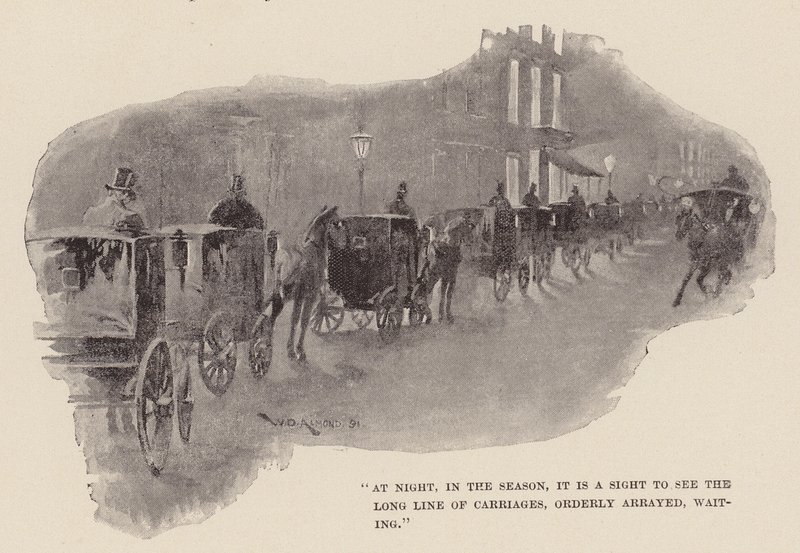 Di notte, nella stagione, è uno spettacolo vedere la lunga fila di carrozze, ordinatamente disposte, in attesa (incisione) da William Douglas Almond