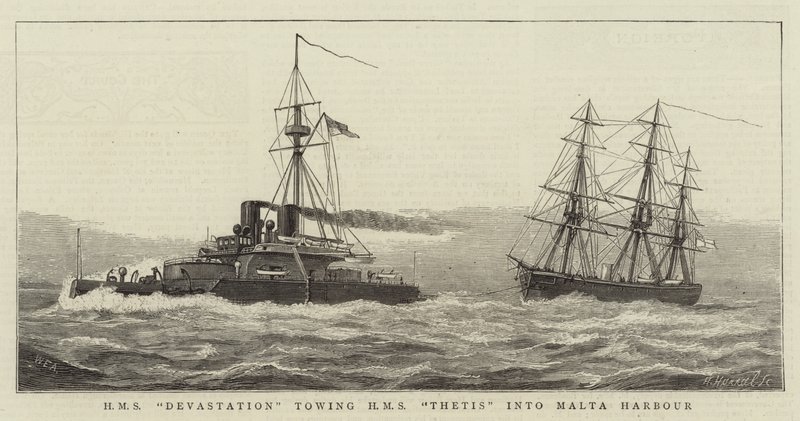 HMS Devastation rimorchiando HMS Thetis nel porto di Malta da William Edward Atkins