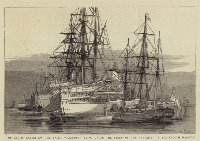 La spedizione artica, lo yacht Pandora sotto la poppa del Serapis nel porto di Portsmouth da William Edward Atkins