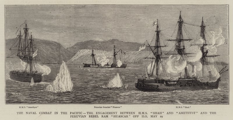 Il combattimento navale nel Pacifico, lo scontro tra HMS Shah e Amethyst e il ribelle peruviano Ram Huascar al largo di Ilo, 29 maggio da William Edward Atkins