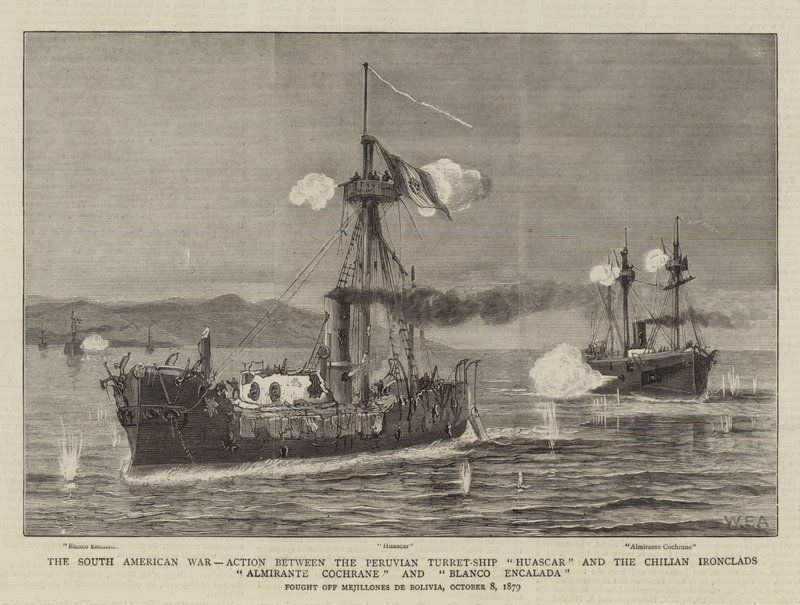 La guerra sudamericana, azione tra la nave torretta peruviana Huascar e le corazzate cilene Almirante Cochrane e Blanco Encalada da William Edward Atkins