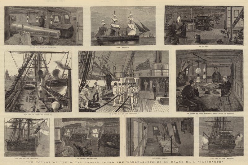 Il viaggio dei cadetti reali intorno al mondo, schizzi a bordo della HMS Bacchante da William Edward Atkins