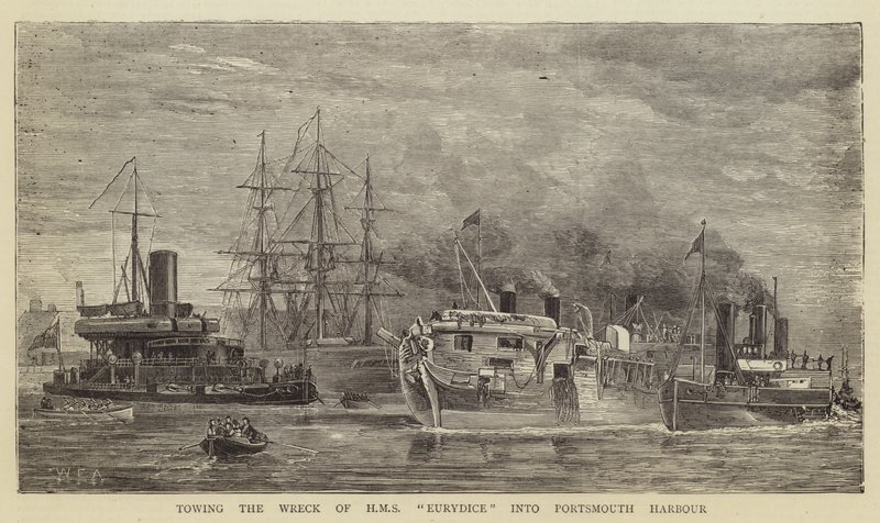 Traino del relitto della HMS Eurydice nel porto di Portsmouth da William Edward Atkins