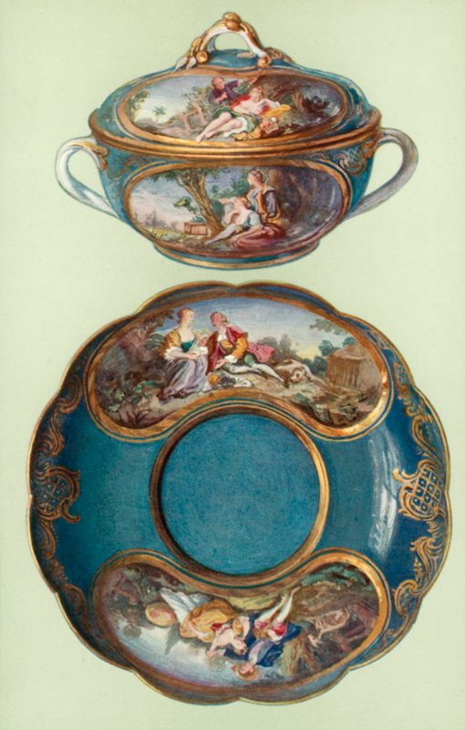 Ecuelle e supporto, Sèvres, turchese, con pannelli dopo Boucher da William Gibb
