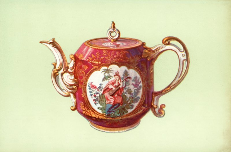 Teiera, Chelsea, colore claret, con figure dopo Watteau da William Gibb