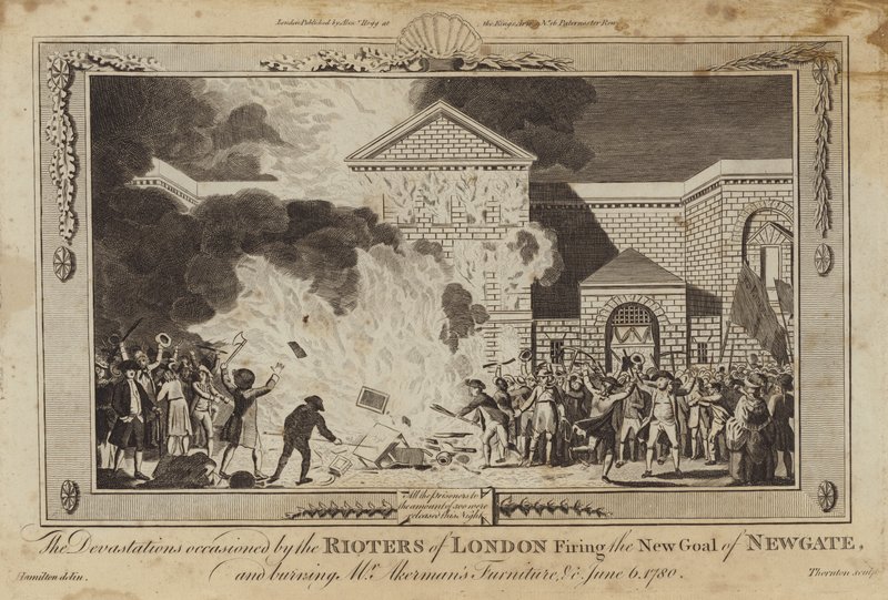 Le devastazioni causate dai rivoltosi di Londra incendiando la nuova prigione di Newgate da William Hamilton