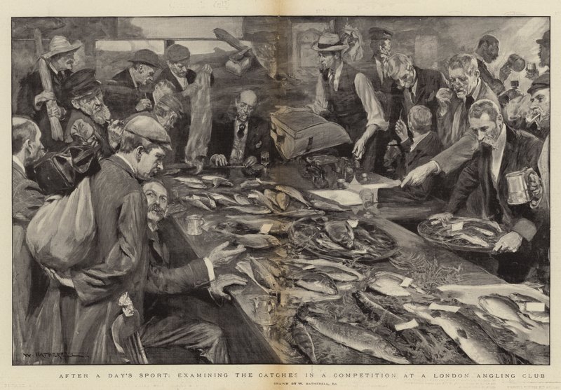 Dopo una giornata di sport, esaminando le catture in una competizione a un club di pesca di Londra da William Hatherell