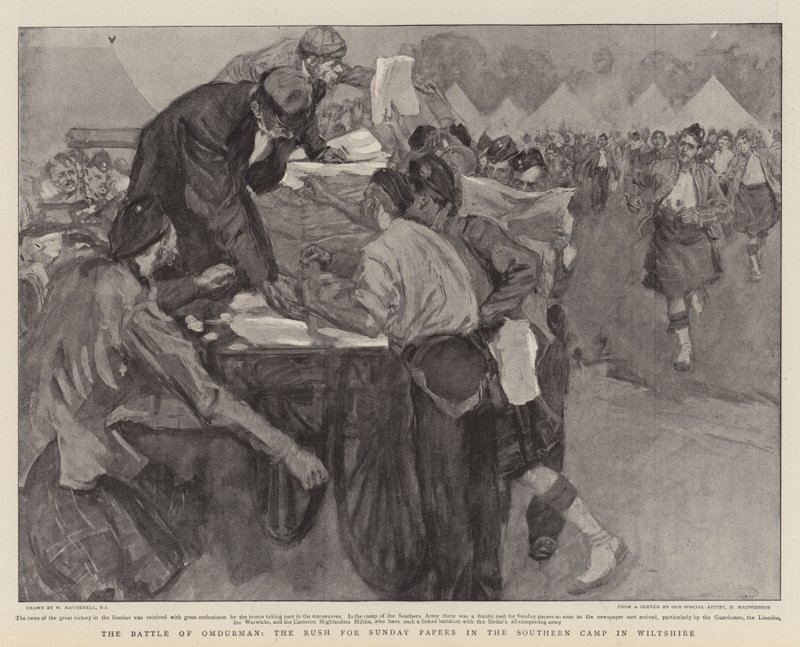 La battaglia di Omdurman, la corsa ai giornali della domenica nel campo meridionale nel Wiltshire da William Hatherell