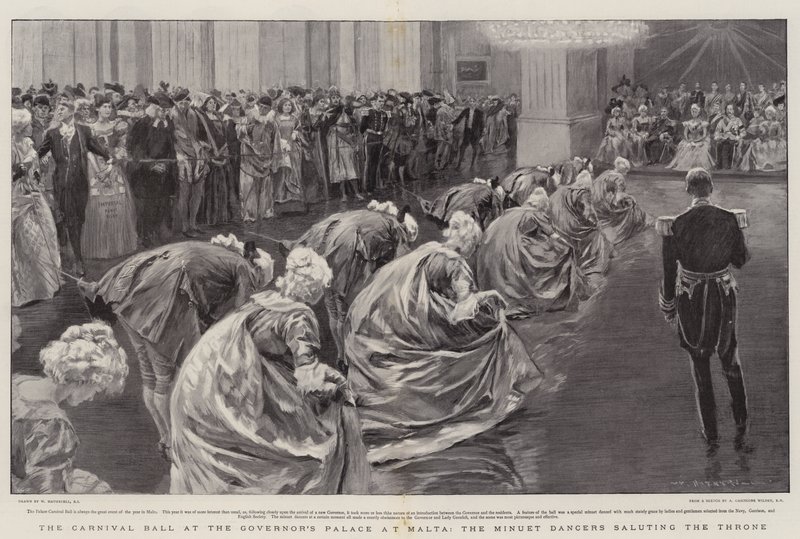 Il ballo di carnevale al Palazzo del Governatore a Malta, i ballerini di minuetto salutano il trono da William Hatherell
