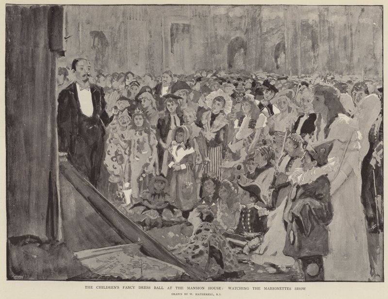 Il ballo in maschera dei bambini alla Mansion House, guardando lo spettacolo dei burattini da William Hatherell