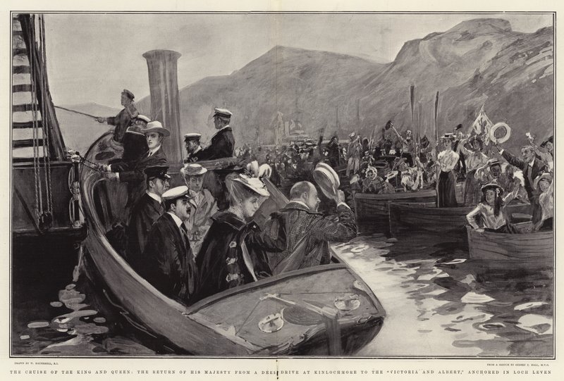 La crociera del Re e della Regina, il ritorno di Sua Maestà da una caccia al cervo a Kinlochmore alla Victoria e Albert, ancorata a Loch Leven da William Hatherell