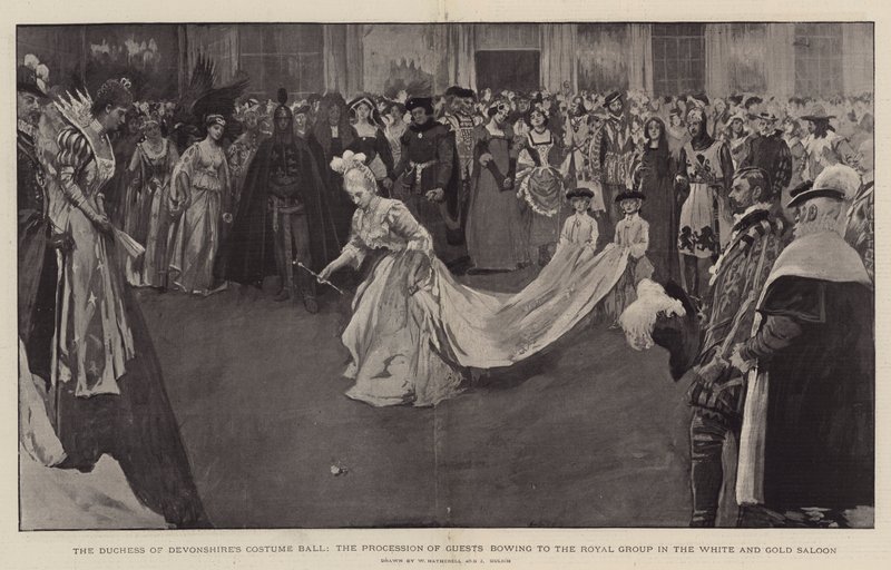 Il ballo in costume della Duchessa di Devonshire, la processione degli ospiti che si inchinano al gruppo reale nel Salone Bianco e Oro, 1897 da William Hatherell