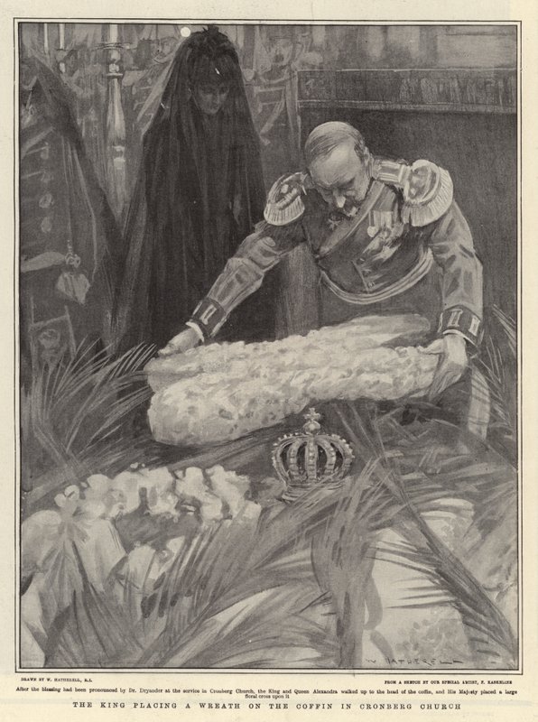 Il re che depone una corona sulla bara nella chiesa di Cronberg da William Hatherell