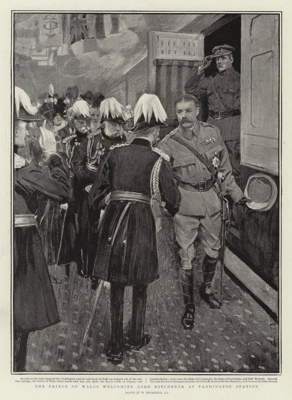 Il Principe di Galles accoglie Lord Kitchener alla stazione di Paddington da William Hatherell