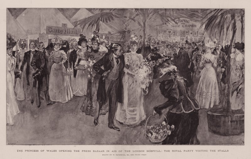 La Principessa del Galles apre il Press Bazaar a favore del London Hospital, la festa reale visita le bancarelle da William Hatherell
