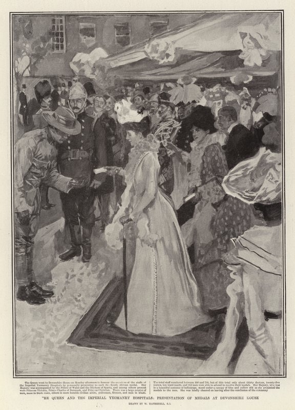 La Regina e gli ospedali della Yeomanry Imperiale, presentazione delle medaglie a Devonshire House da William Hatherell
