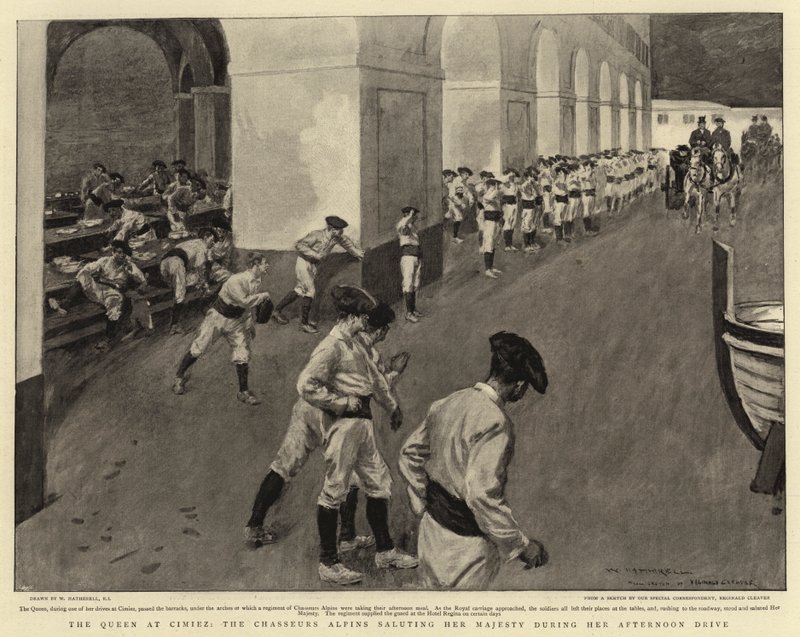 La Regina a Cimiez, i Cacciatori Alpini salutano Sua Maestà durante la sua passeggiata pomeridiana da William Hatherell