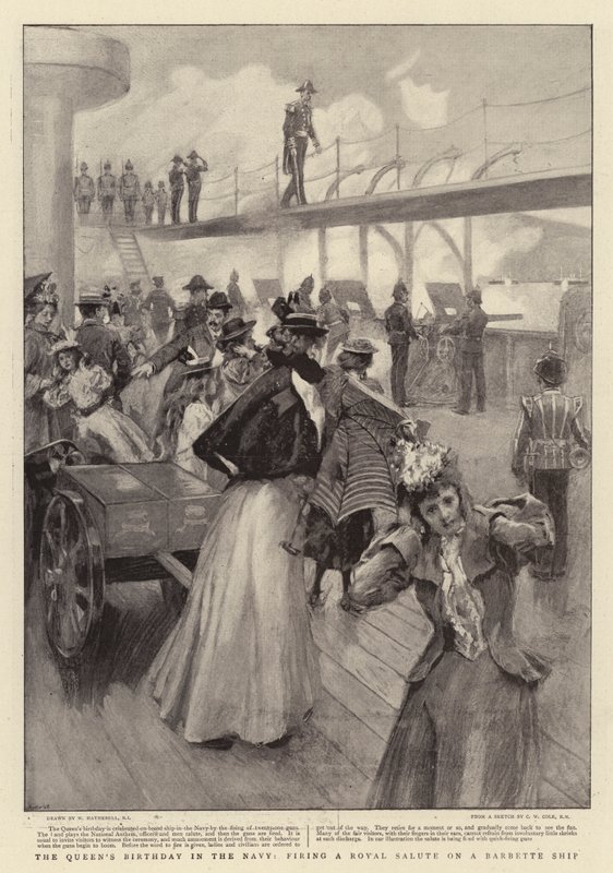 Il compleanno della regina nella marina, sparando un saluto reale su una nave Barbette da William Hatherell
