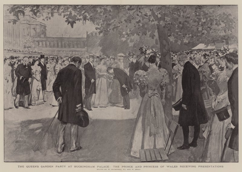 La Festa in Giardino della Regina a Buckingham Palace, il Principe e la Principessa di Galles che ricevono Presentazioni da William Hatherell