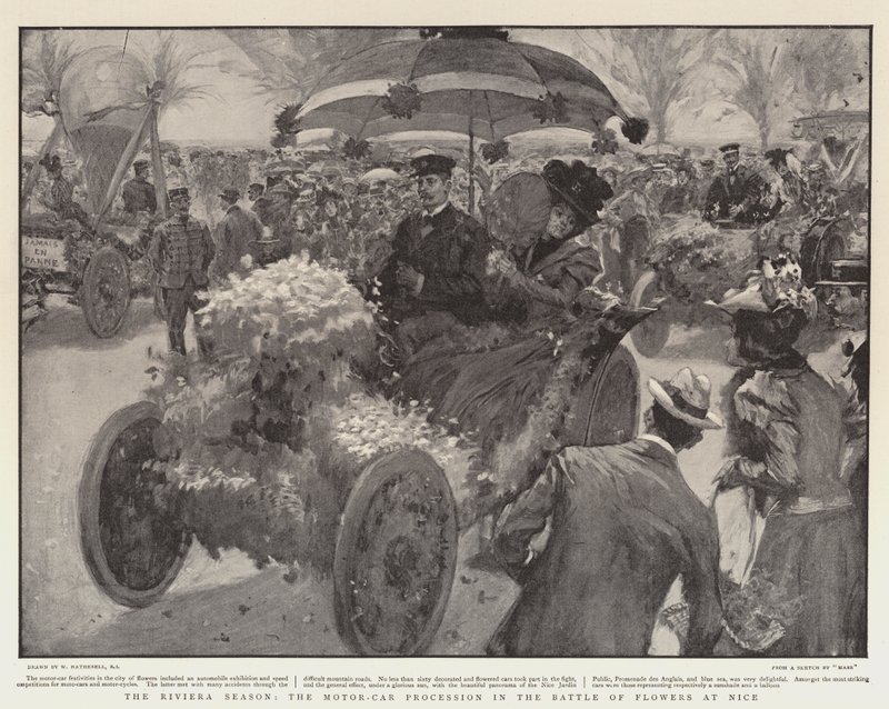 La stagione della Riviera, la processione delle automobili nella Battaglia dei Fiori a Nizza da William Hatherell