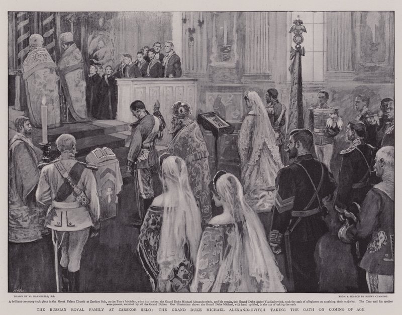 La famiglia reale russa a Zarskoe Selo, il granduca Michele Aleksandrovič che presta giuramento al raggiungimento della maggiore età da William Hatherell