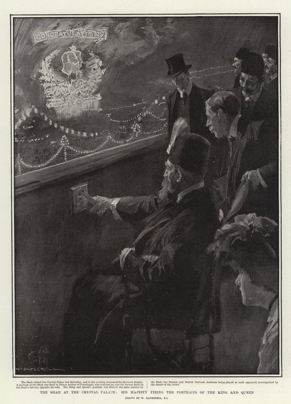 Lo Scià al Crystal Palace, Sua Maestà che spara ai ritratti del Re e della Regina da William Hatherell