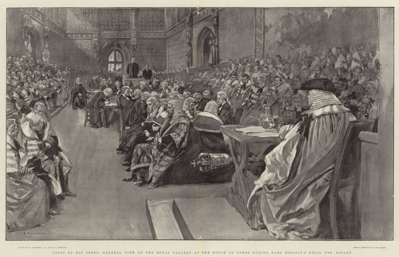 Giudicato dai suoi pari, vista generale della Galleria Reale alla Camera dei Lord durante il processo per bigamia del Conte Russell da William Hatherell