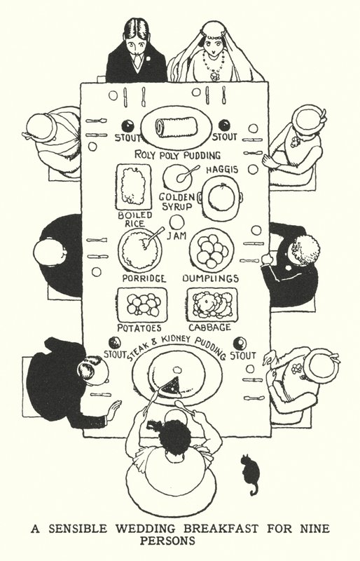 Una colazione di nozze sensata per nove persone (litografia) da William Heath Robinson